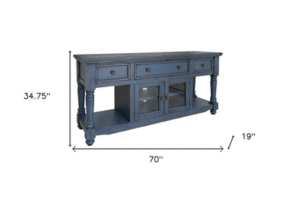 70" Blue Mango Solid Wood Open shelving Distressed TV Stand-2
