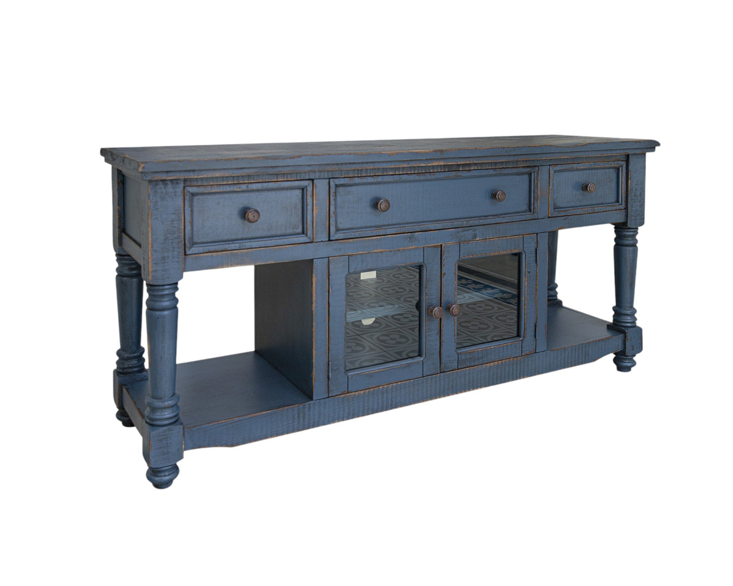 70" Blue Mango Solid Wood Open shelving Distressed TV Stand-1