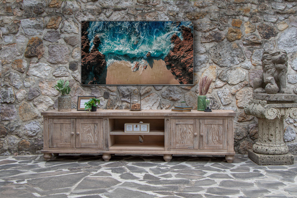 93" Desert Sand Solid Wood Cabinet Enclosed Storage Distressed TV Stand-4