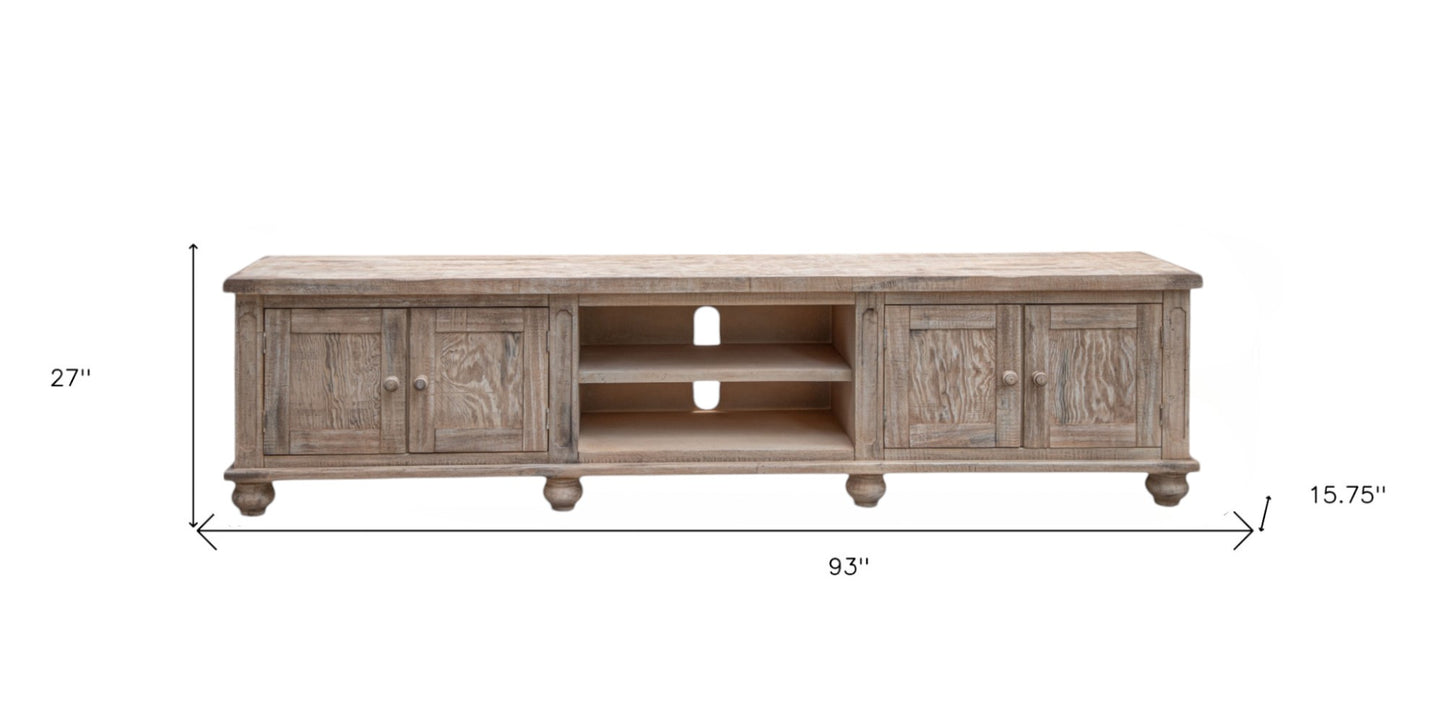 93" Desert Sand Solid Wood Cabinet Enclosed Storage Distressed TV Stand-3
