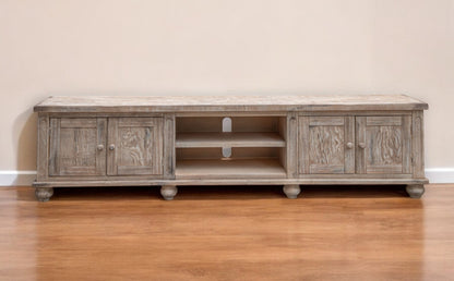 93" Desert Sand Solid Wood Cabinet Enclosed Storage Distressed TV Stand-0
