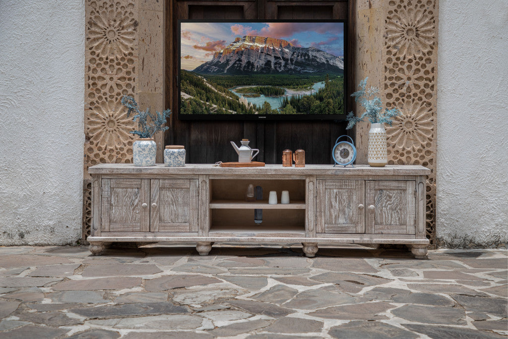 93" Desert Sand Solid Wood Cabinet Enclosed Storage Distressed TV Stand-5