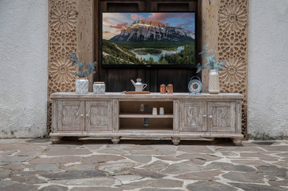 93" Desert Sand Solid Wood Cabinet Enclosed Storage Distressed TV Stand-5