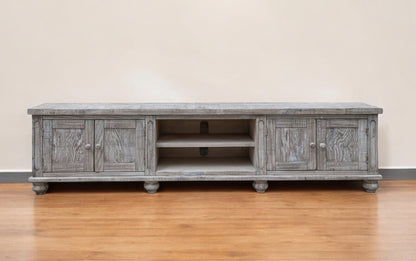 93" Desert Sand Solid Wood Cabinet Enclosed Storage Distressed TV Stand-0