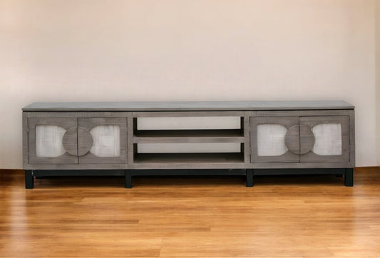 93" Gray Solid Wood Cabinet Enclosed Storage Distressed TV Stand-0