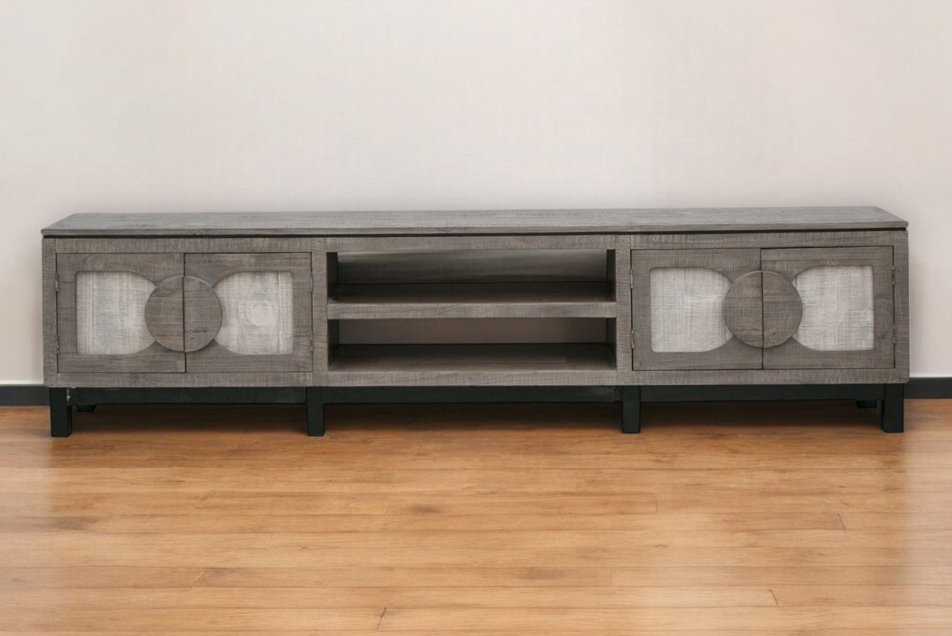 93" White Solid Wood Cabinet Enclosed Storage Distressed TV Stand-0