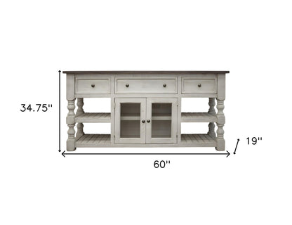 60" Ivory Solid Wood Open shelving Distressed TV Stand-3