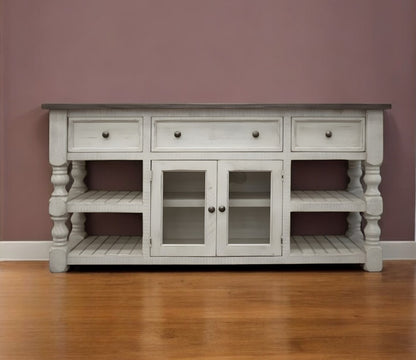 70" Ivory Solid Wood Open shelving Distressed TV Stand-0