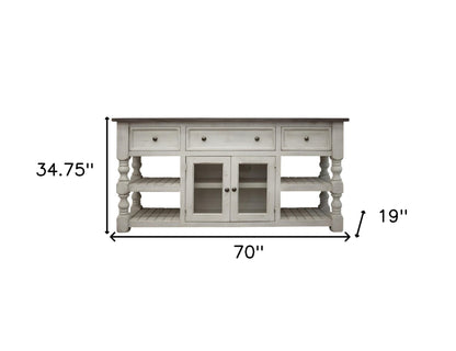 70" Ivory Solid Wood Open shelving Distressed TV Stand-3