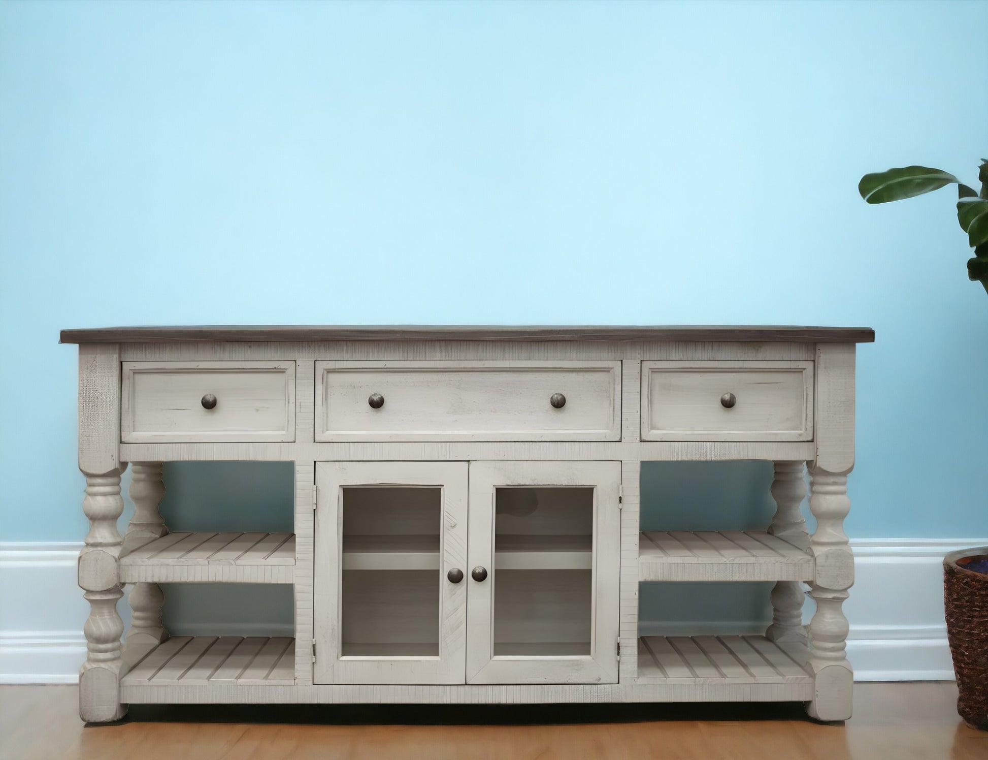 81" Ivory Solid Wood Open shelving Distressed TV Stand-0
