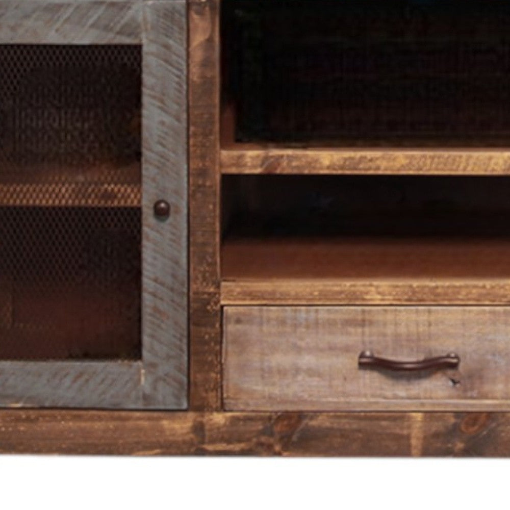 76" Brown Solid Wood Cabinet Enclosed Storage Distressed TV Stand-2