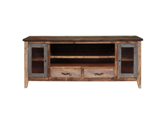 76" Brown Solid Wood Cabinet Enclosed Storage Distressed TV Stand-1