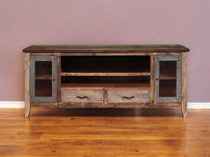 76" Brown Solid Wood Cabinet Enclosed Storage Distressed TV Stand-0