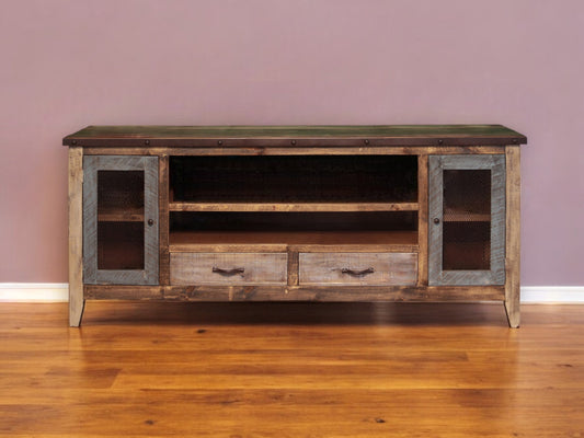76" Brown Solid Wood Cabinet Enclosed Storage Distressed TV Stand-0