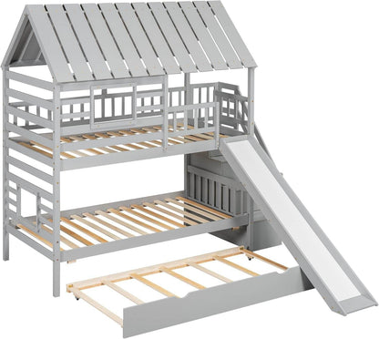 Kids Twin over Twin Bunk Beds with Slide and Trundle, Solid Wood Bunk Bed Frame with Stairs and Storage, Playhouse Bunk Bed with Roof and Window for Kids, Teens, Girls & Boys (Gray) - Loft&Timber