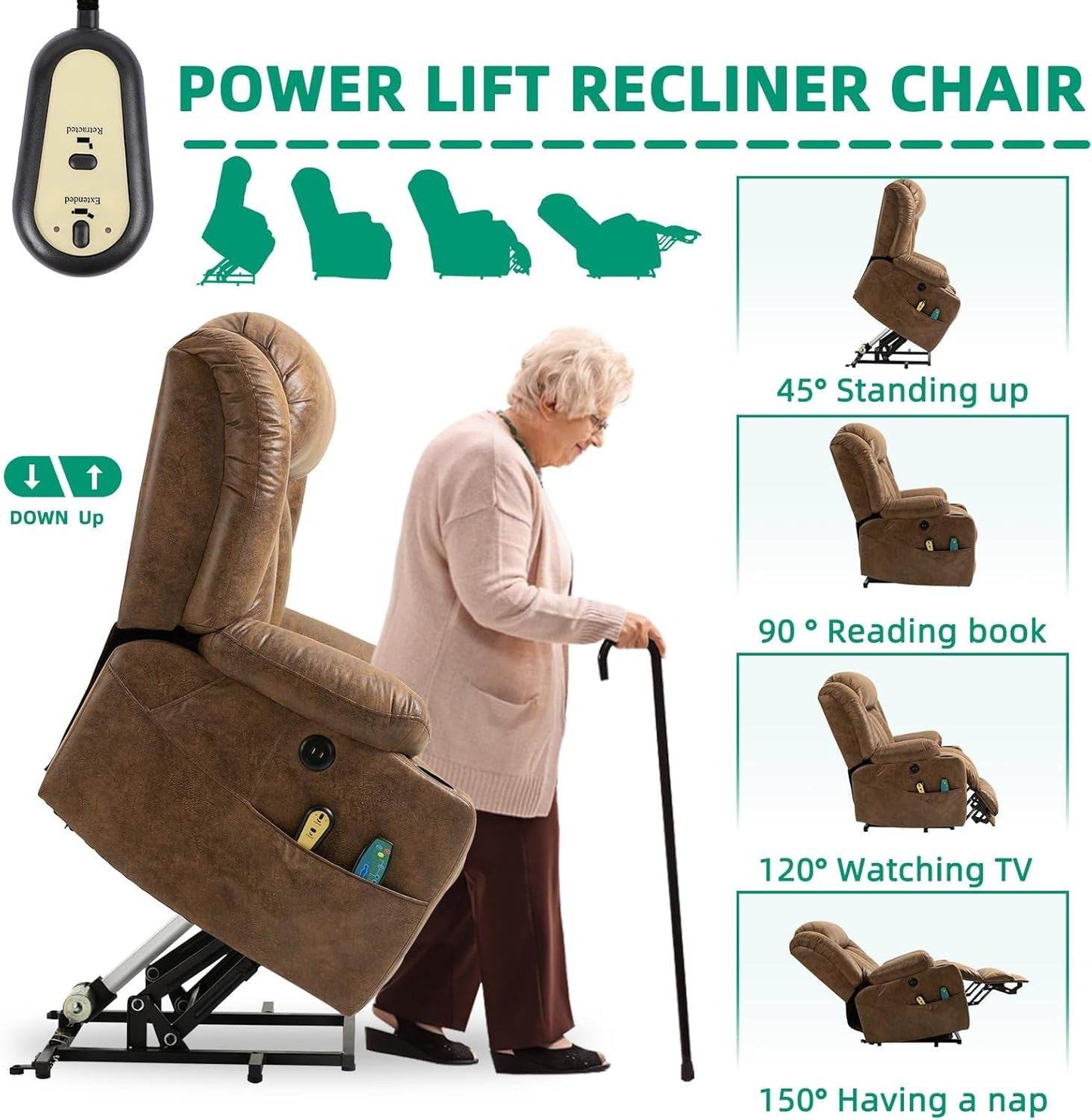 Tall Man Power Lift Recliner Massage, Heat, Extended Footrest - Loft&Timber