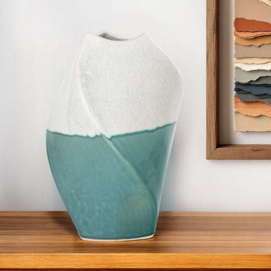 12" Green and Ivory Ombre Wavy Ceramic Table Vase - Loft&Timber