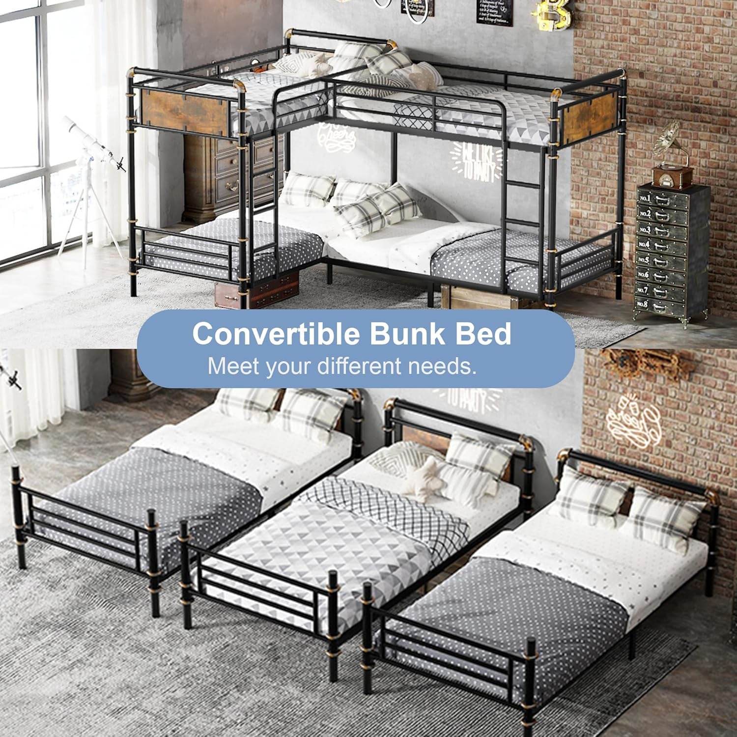 Quad Bunk Bed, Heavy Duty Metal 4 Bunk Beds for Kids with Ladders, Detachable Industrial L-Shaped Bunk Beds, Space Saving Design,Can Be Divided into 3 Twin Beds, Black - Loft&Timber