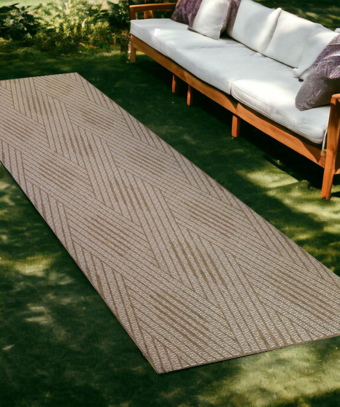 8' Runner Beige Geometric Stain Resistant Indoor Outdoor Runner Rug - Loft&Timber