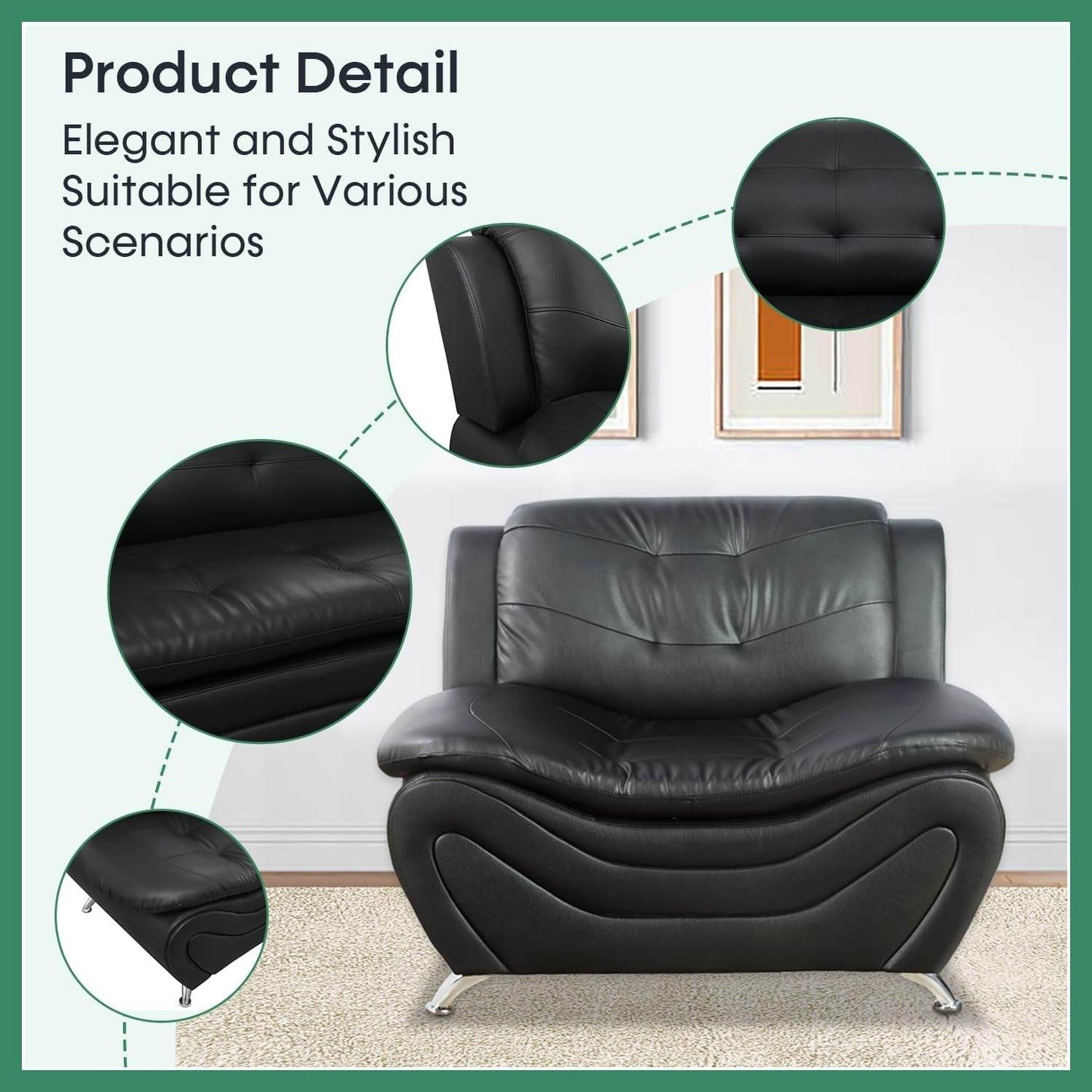 Leather Sofa Set,Leather Sofa Set for Living Room Furniture Sets, Loveseat Sofa with Chair 3-Piece for Living Room/Office/Apartment(Black) - Loft&Timber