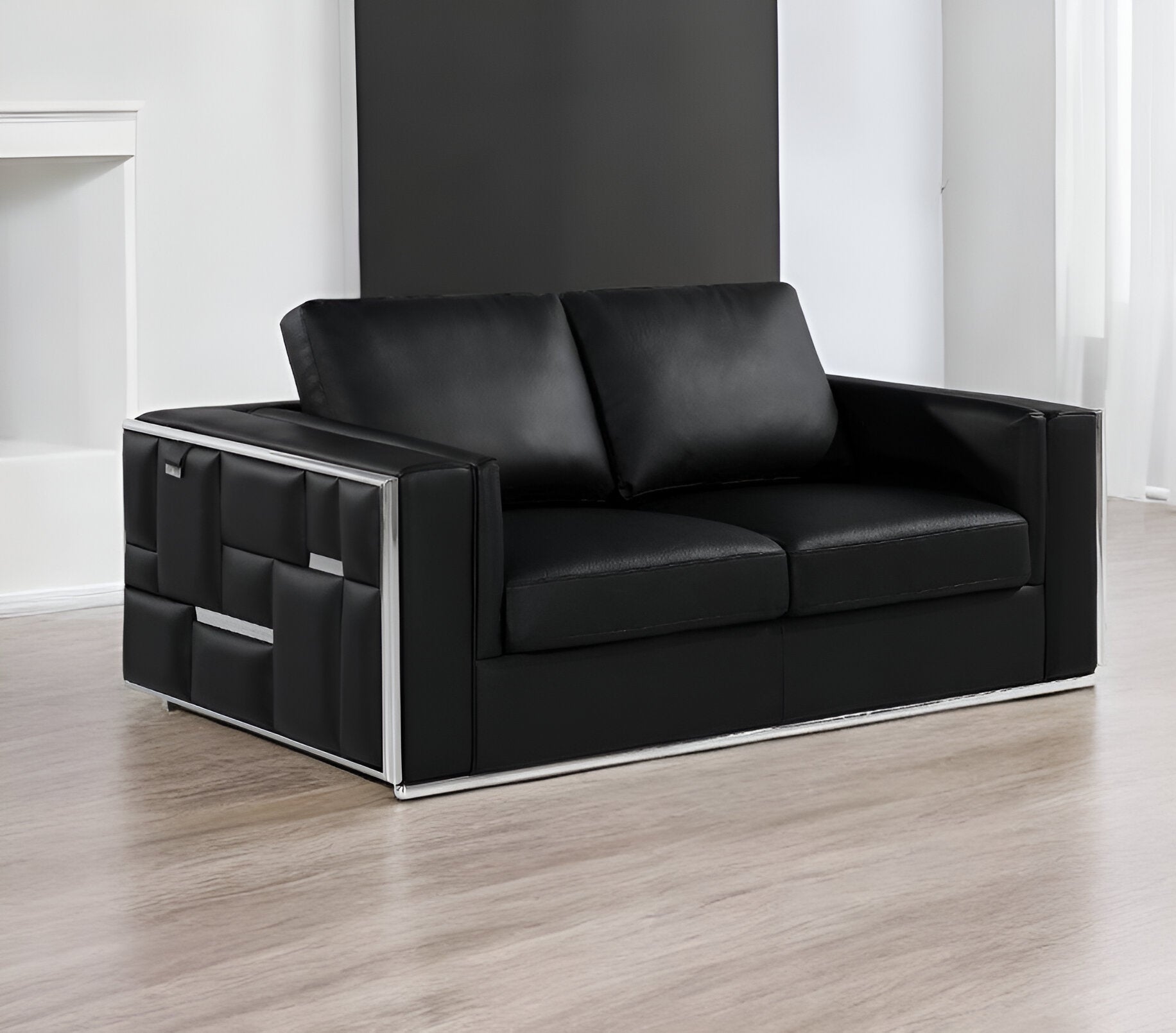 73" Black And Silver Metallic Top Grain Leather Loveseat - Loft&Timber