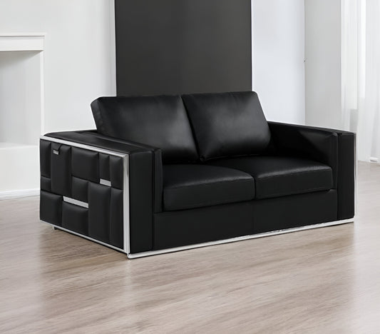 73" Black And Silver Metallic Top Grain Leather Loveseat - Loft&Timber