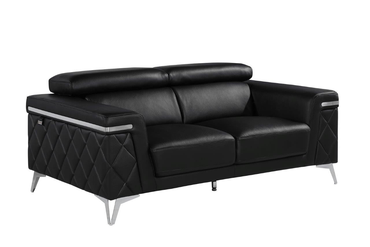 70" Black And Silver Metallic Top Grain Leather Loveseat - Loft&Timber
