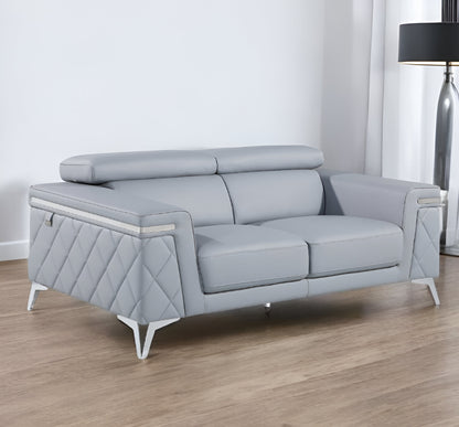 70" Light Blue And Silver Metallic Top Grain Leather Loveseat - Loft&Timber