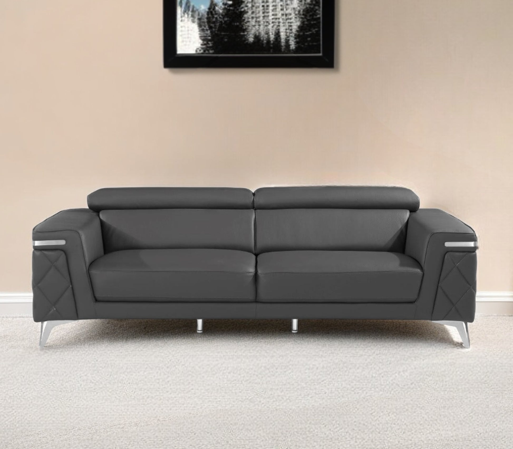 89" Dark Gray Italian Leather Sofa With Silver Legs-0