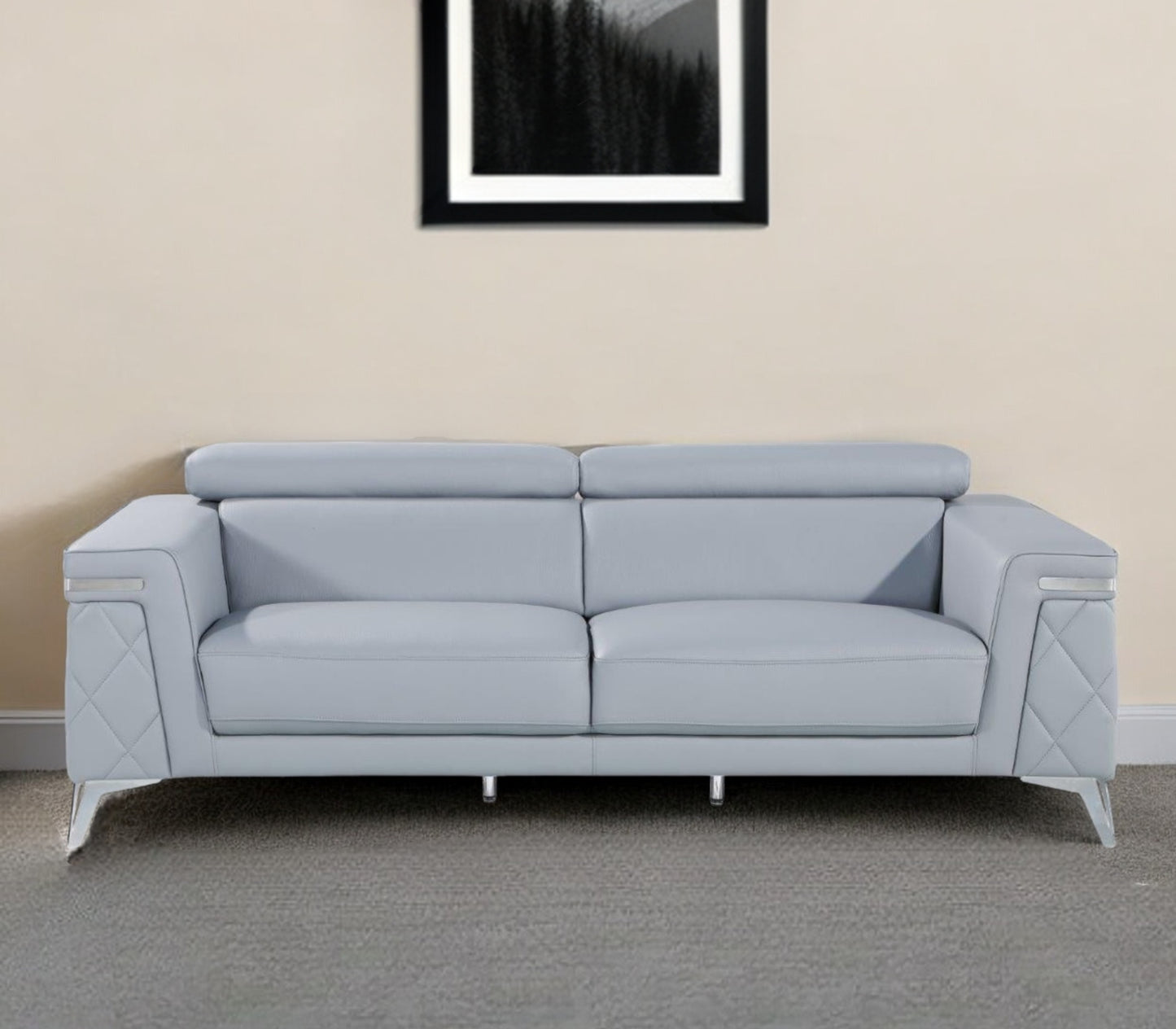 89" Light Blue Italian Leather Sofa With Silver Legs-0