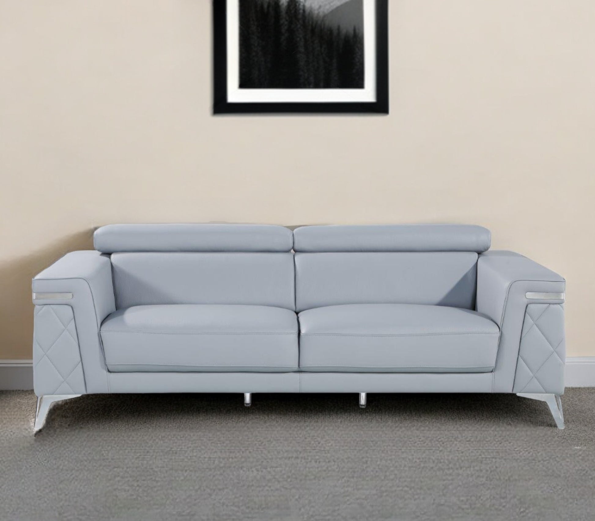 89" Light Blue Italian Leather Sofa With Silver Legs-0