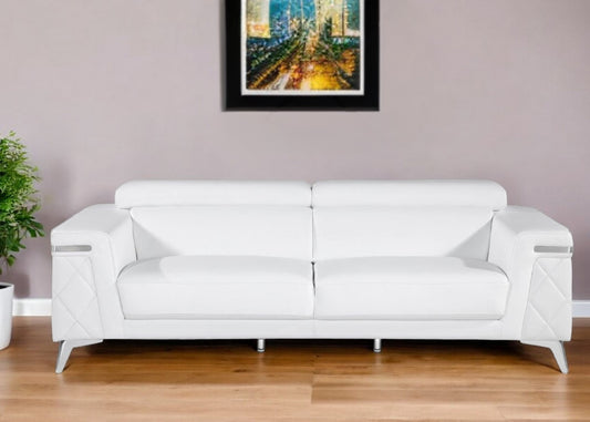 89" White Italian Leather Sofa With Silver Legs-0
