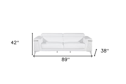 89" White Italian Leather Sofa With Silver Legs-6