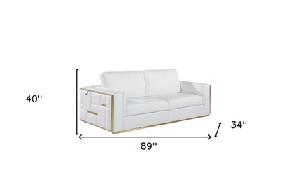 89" White Italian Leather Sofa With Brass Legs-6