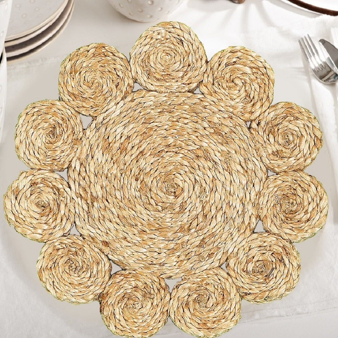15" Set of Two Natural Braided Jute Scalloped Placemats - Loft&Timber