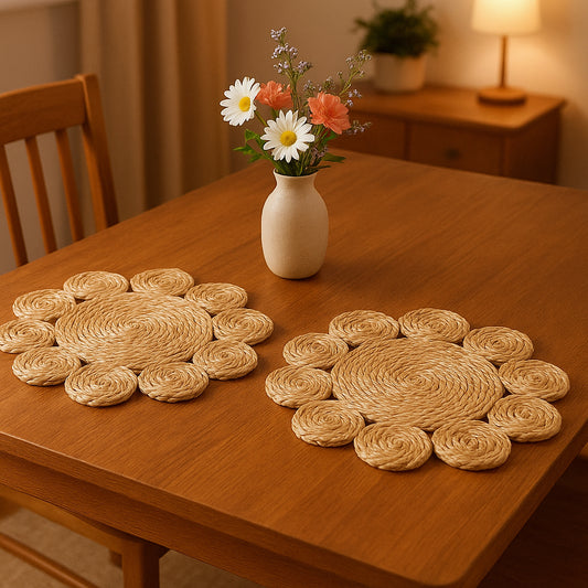 15" Set of Two Natural Braided Jute Scalloped Placemats - Loft&Timber