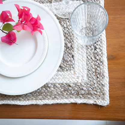 19" Set of Four Natural And Ivory Geometric Braided Jute Placemats-2