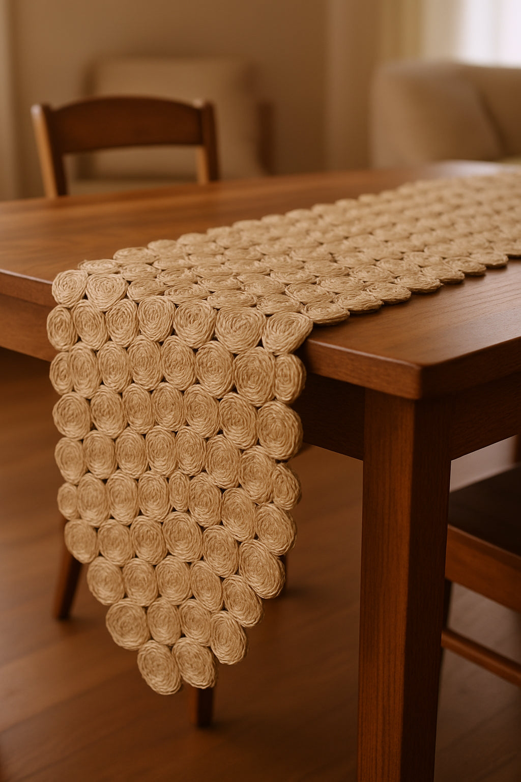 80" Natural Geometric Circles Scalloped Shape Jute Table Runner - Loft&Timber