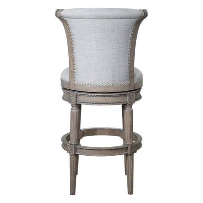 30" Gray Solid Wood and Linen Bar Height Swivel Bar Chair - Loft&Timber