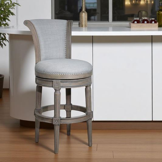 30" Gray Solid Wood and Linen Bar Height Swivel Bar Chair - Loft&Timber