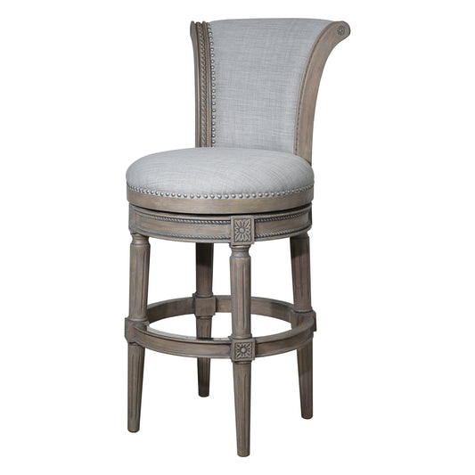 30" Gray Solid Wood and Linen Bar Height Swivel Bar Chair - Loft&Timber
