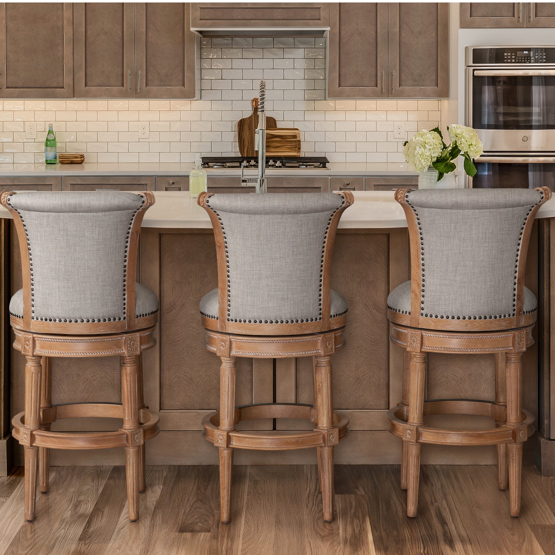 30" Beige and Natural Fabric and Solid Wood Bar Height Swivel Bar Chair - Loft&Timber