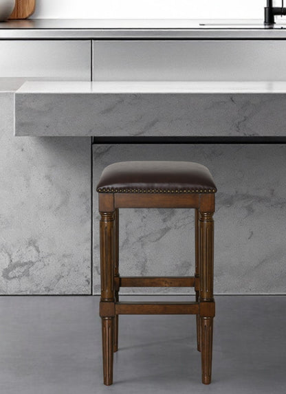 31" Brown And Dark Brown Solid Wood Backless Bar Height Bar Chair-0