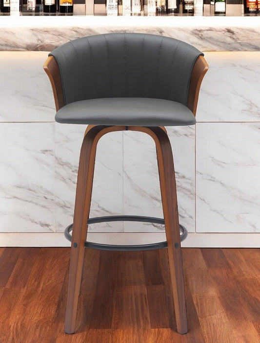 30" Gray And Wood Brown Faux Leather Swivel Bar Height Bar Chair - Loft&Timber