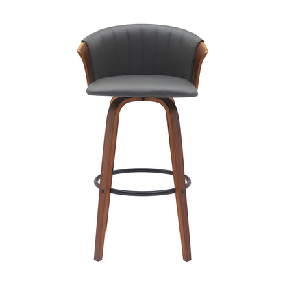 30" Gray And Wood Brown Faux Leather Swivel Bar Height Bar Chair - Loft&Timber