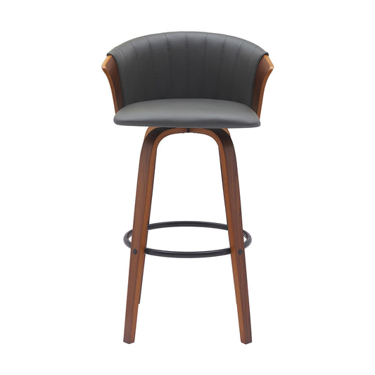 30" Gray And Wood Brown Faux Leather Swivel Bar Height Bar Chair - Loft&Timber