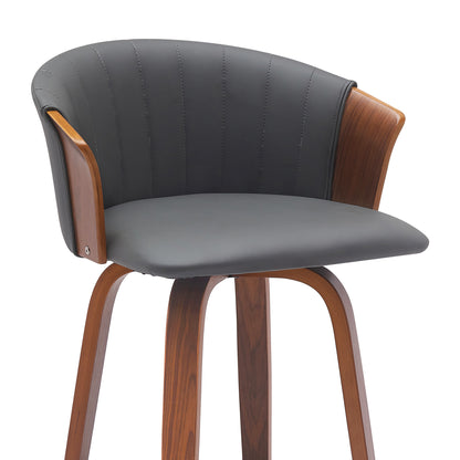 30" Gray And Wood Brown Faux Leather Swivel Bar Height Bar Chair - Loft&Timber