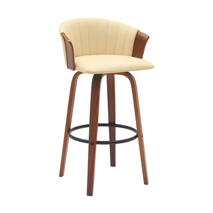 30" Cream And Wood Brown Faux Leather Swivel Bar Height Bar Chair - Loft&Timber
