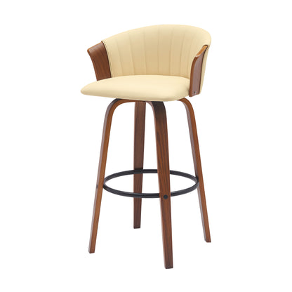 30" Cream And Wood Brown Faux Leather Swivel Bar Height Bar Chair - Loft&Timber