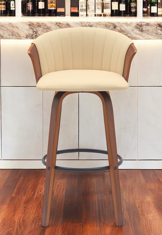 30" Cream And Wood Brown Faux Leather Swivel Bar Height Bar Chair - Loft&Timber